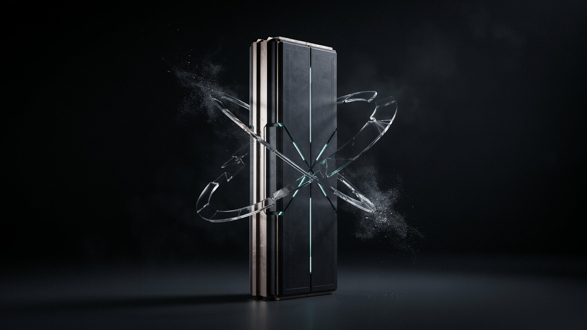 Abstract glass-and-metal monolith symbolising the regulatory perimeter around sovereign defence technology